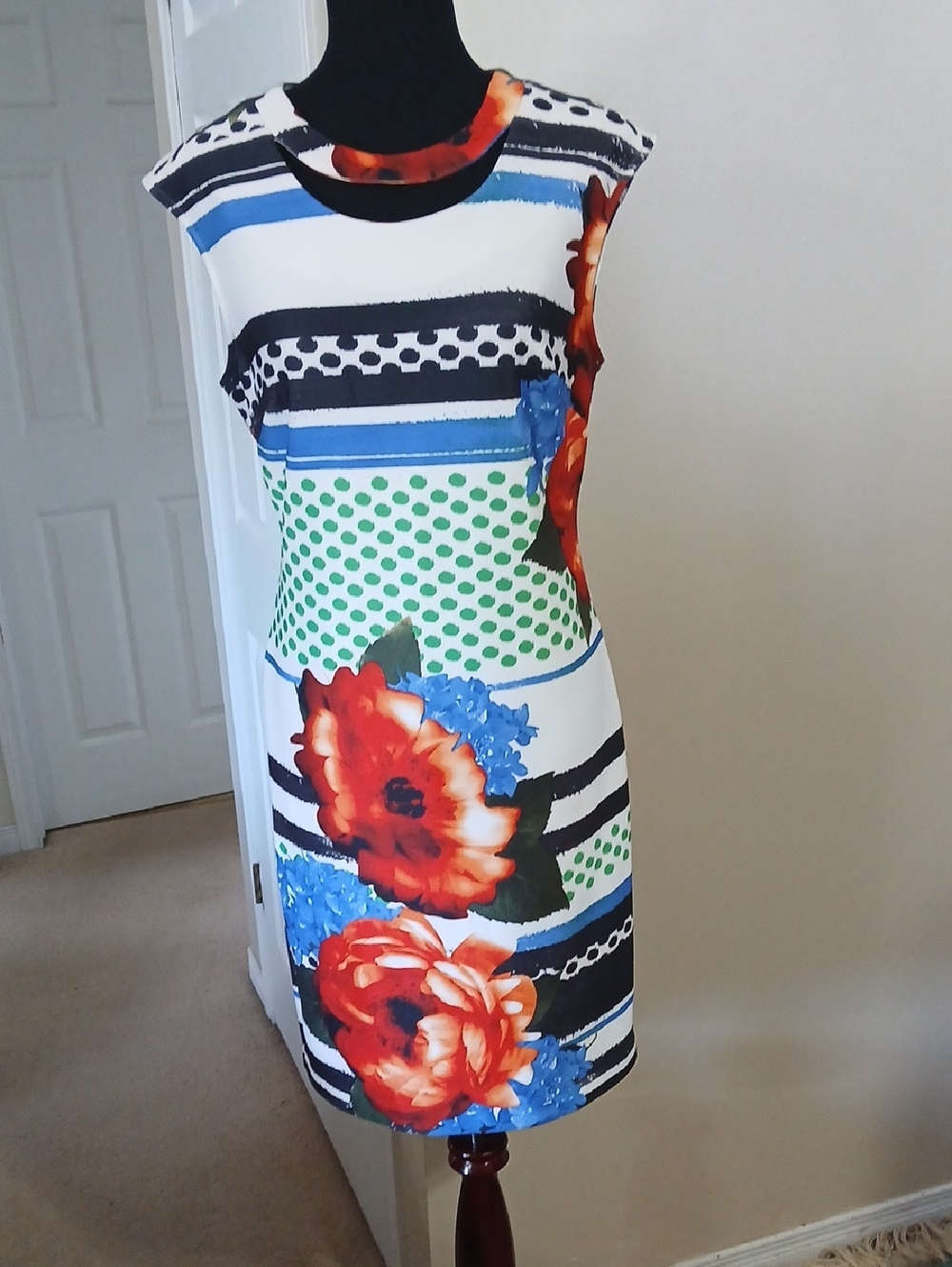 ECI White Midi Dress with Red Floral and Blue-Green Accents